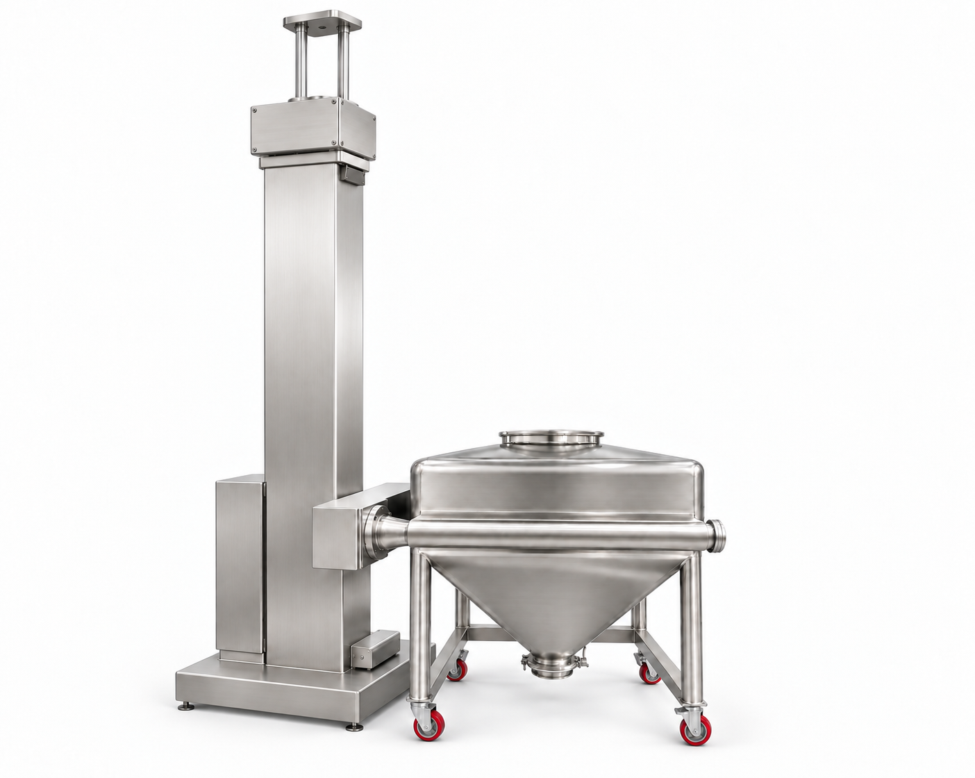Powder handling machine with slim-profile lifting column and bin blender by PT Synergy Abadi Sentosa