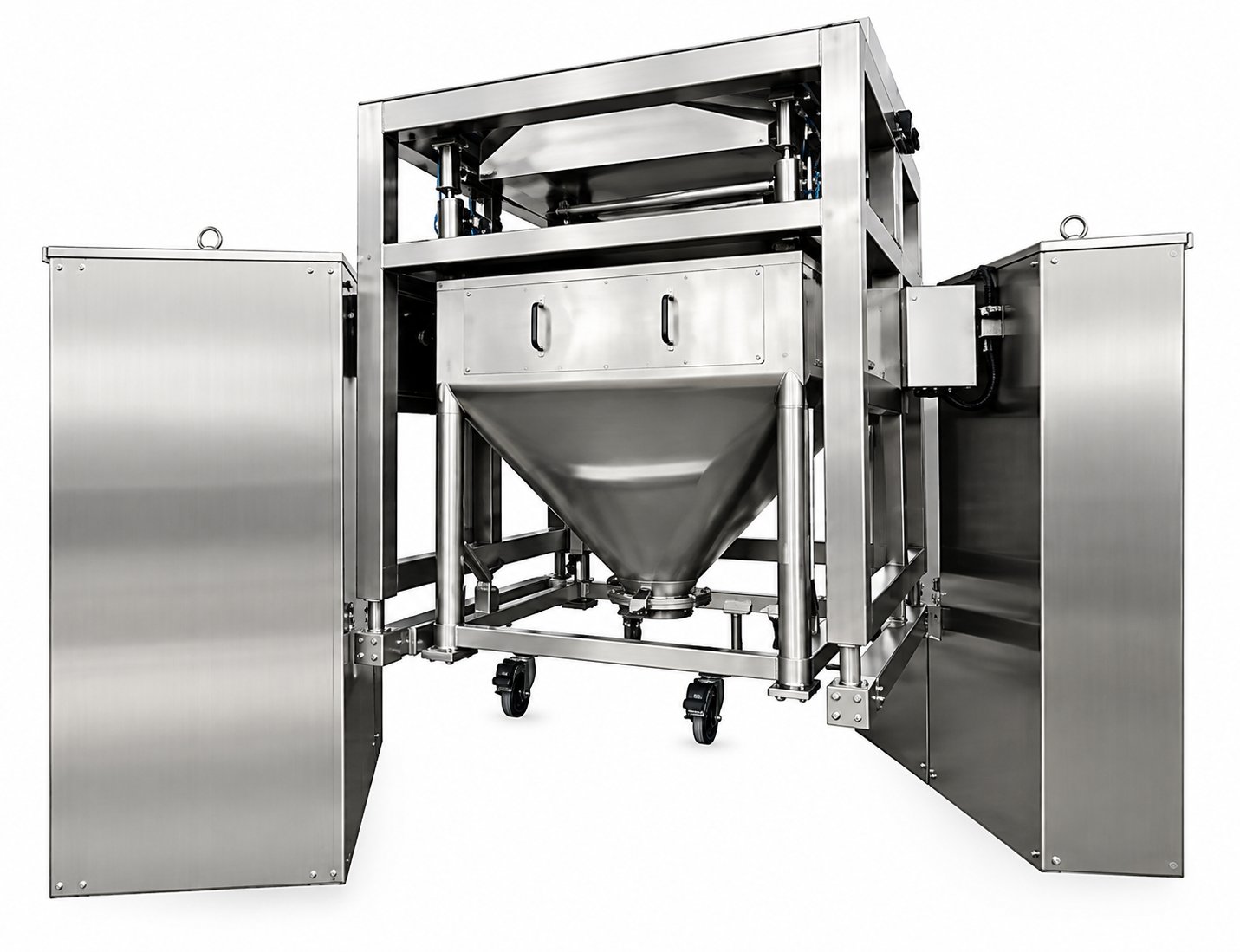 Powder handling bin blender and tote unloading station with dual doors
