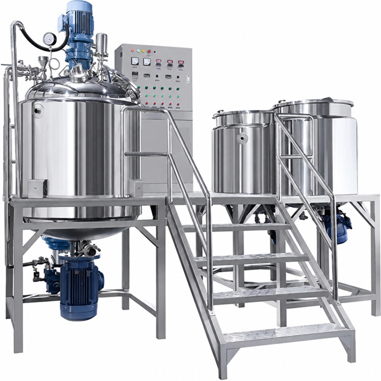 Vacuum homogenizer mixer with elevated platform and dual buffer tanks, pharmaceutical mixing equipment by PT Synergy Abadi Sentosa